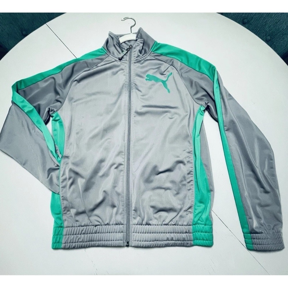 PUMA Sport Lifestyle Zip Up Gray/Green T7 Track Jacket Mens Small Soccer‎ Tennis
